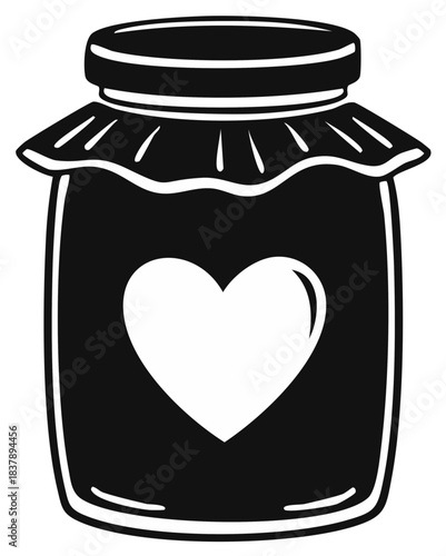 Black and White Jam Jar Icon Featuring a White Heart on Glass, Preserves Love