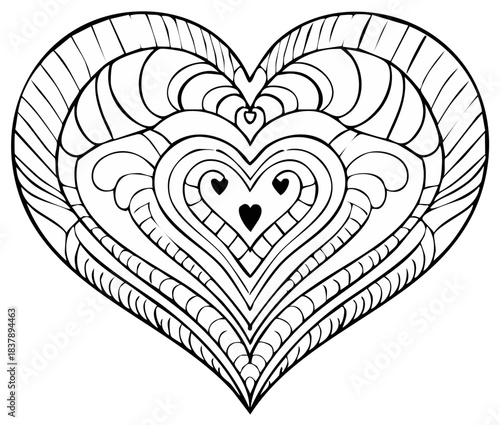 Stylized decorative heart illustration with intricate line patterns and artistic details for coloring
