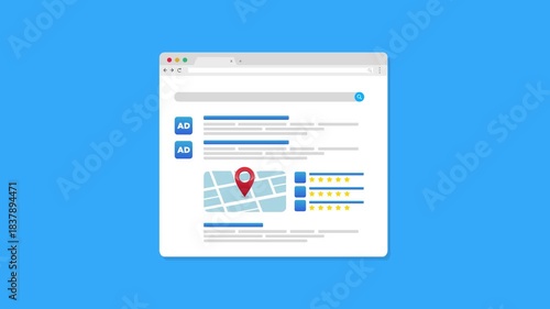 Local SEO optimization, SEO for local business, Business listing on search engine result page. Search with AEO, answer engine optimization with intelligent algorithm. 4k Animation