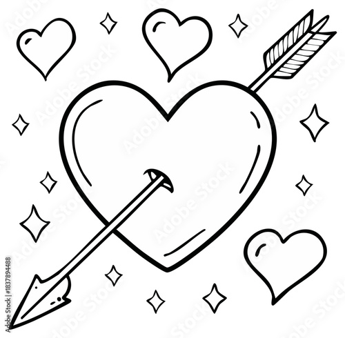Hand drawn doodle illustration of a heart pierced by Cupid's arrow for Valentine's Day