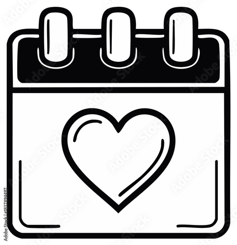 Hand drawn calendar with a heart symbol icon representing a love date anniversary or wedding