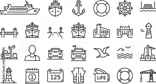 Collection of nautical and ferry related line art icons ferry boat ship