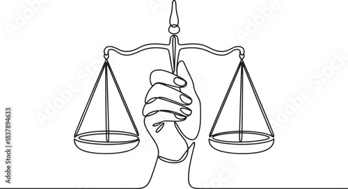 Single continuous line drawing of a hand holding justice scales.