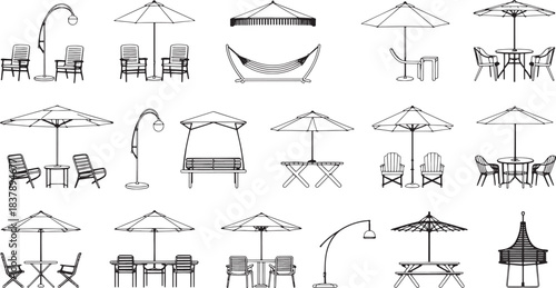 Collection of outdoor furniture and umbrellas line art illustrations patio furniture garden furniture