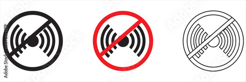 Wireless alert signal icons in red and black. Wireless notification icons featuring exclamation marks and signal waves, ideal for illustrating warnings, alerts, connectivity issues. 
