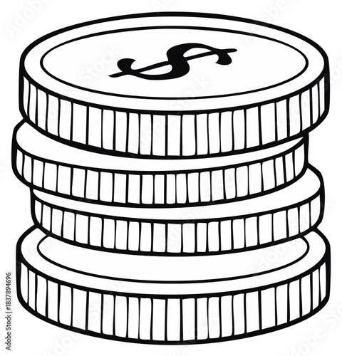 Hand drawn stack of coins with a dollar sign symbol cartoon illustration