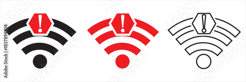 Wireless alert signal icons in red and black. Wireless notification icons featuring exclamation marks and signal waves, ideal for illustrating warnings, alerts, connectivity issues. 
