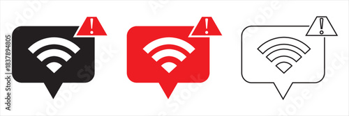 Wireless alert signal icons in red and black. Wireless notification icons featuring exclamation marks and signal waves, ideal for illustrating warnings, alerts, connectivity issues. 
