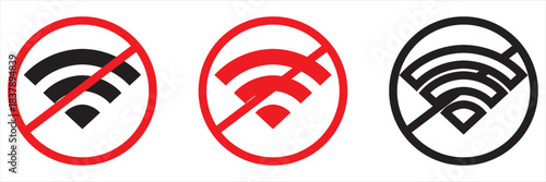 Wireless alert signal icons in red and black. Wireless notification icons featuring exclamation marks and signal waves, ideal for illustrating warnings, alerts, connectivity issues. 
