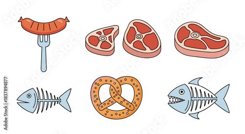A collection of colorful cartoon food icons including grilled sausage on a fork steaks a pretzel and fish skeletons isolated on white.