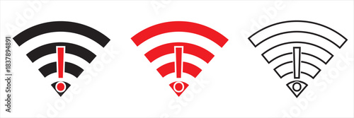 Wireless alert signal icons in red and black. Wireless notification icons featuring exclamation marks and signal waves, ideal for illustrating warnings, alerts, connectivity issues. 
