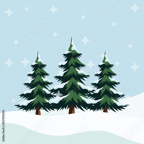 Illustration of three snow-covered evergreen trees in a peaceful winter landscape with falling snowflakes.
