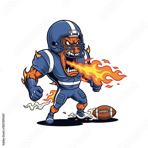 Fierce blue football mascot character breathing intense fire next to a regulation game ball