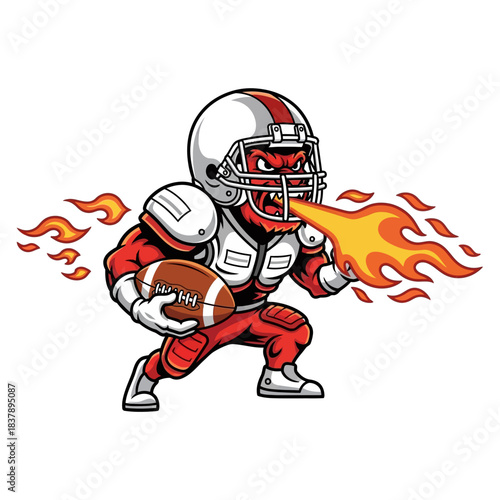 Fierce red devil football mascot wearing white pads breathes intense fire while clutching a brown leather ball