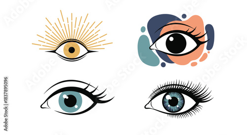 A diverse collection of four stylized eye illustrations including mystical all-seeing evil eye abstract and realistic designs for various concepts.