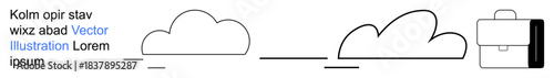 Business development, innovation, career growth, creativity, minimal design, cloud storage. Minimalist clouds and briefcase in clean linear style. Business development and innovation concepts