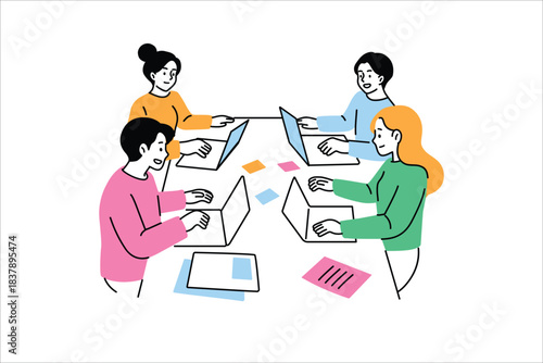 Professional Workflow and Collaboration. Coworkers Meeting with Laptops Illustration. Flat vector illustration isolated on white background.