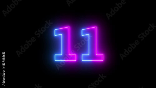 11 number neon bright glowing animation on black background 4k video.