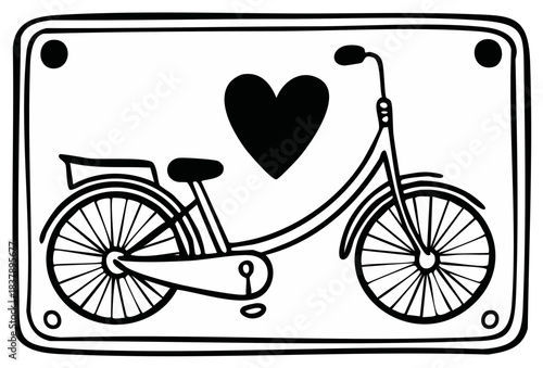 Minimalist hand drawn bicycle and heart symbol in a decorative frame black and white line art illustration