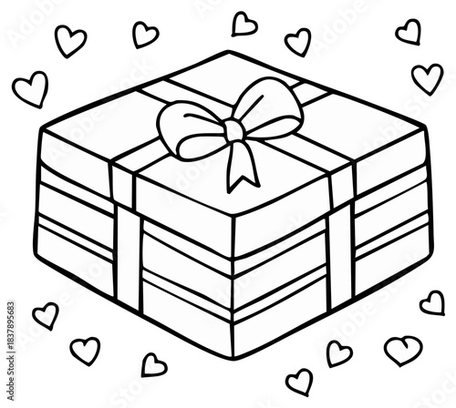 Outline drawing of a festive gift box with a decorative bow and many small floating hearts