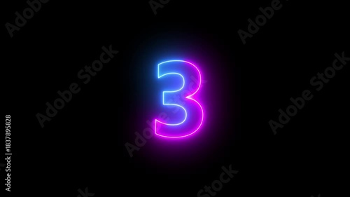 3 number neon bright glowing animation on black background 4k video.