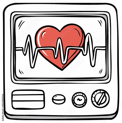Drawn electrocardiogram monitor displaying a healthy red heart pulse waveform