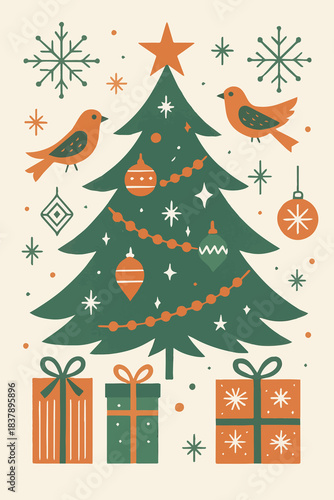 Retro Christmas Tree with Holiday Decorations and Gifts