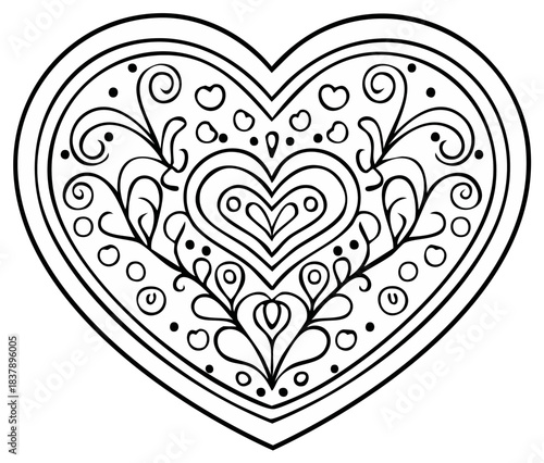 Ornate heart coloring page with intricate folk art inspired swirls and floral patterns