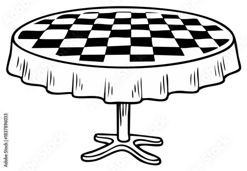 Round bistro table with black and white checkered tablecloth and draped fabric