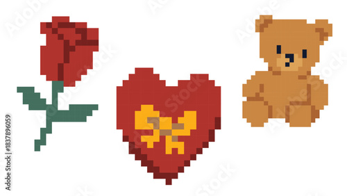 Pixel art Valentine icons with red rose heart box and teddy bear