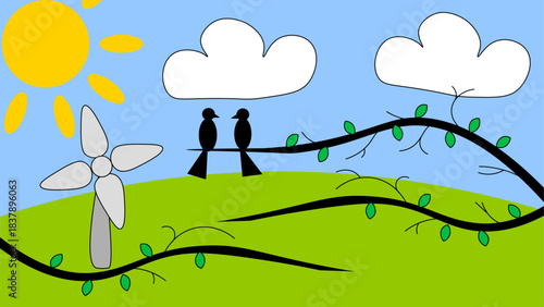 Spring cartoon landscape with wind turbine and birds on tree branch