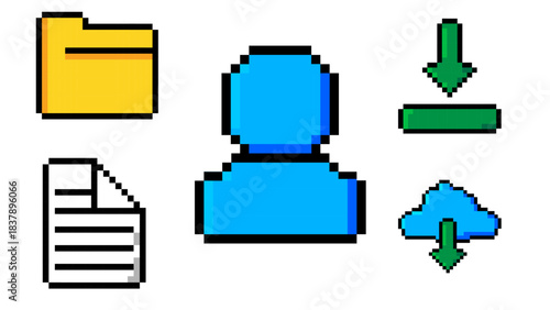 Pixel art user interface icons with folder file cloud and download symbols