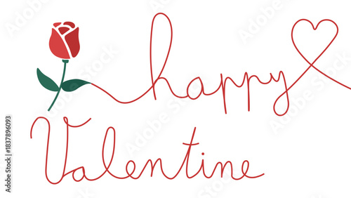 Happy Valentine line art greeting with red rose and heart on white background