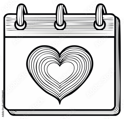 Black and white line art calendar page with a heart marking a special romantic date