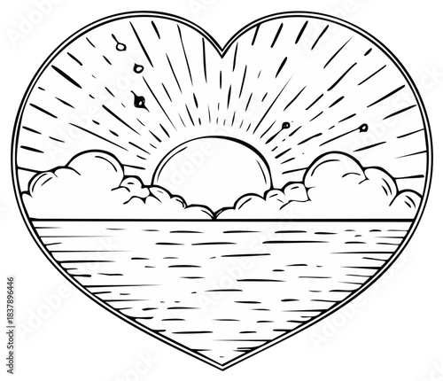 Heart Shaped Sea Sunset Landscape Art with Clouds and Sun Rays Illustration