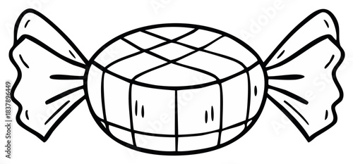 Hand drawn wrapped candy icon in doodle style. Black and white vector illustration for coloring book