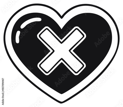 Black heart with white cross mark symbol, graphic icon, symbol of rejection or error