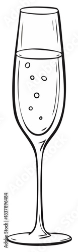 Line art of a glass flute with sparkling beverage and bubbles, suitable for champagne or other celebration drinks
