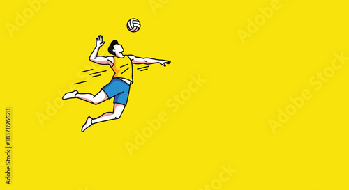 A dynamic line art illustration of a male volleyball player jumping to spike the ball during a match set against a bright yellow background.