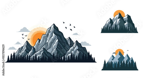 A set of three beautifully detailed mountain range emblems featuring snowy peaks a pine forest and a warm sun perfect for adventure logos.