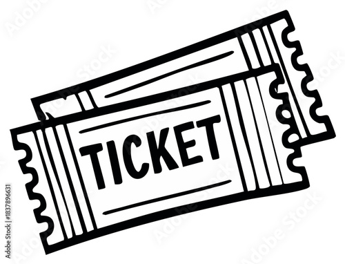 Two black and white tickets with the word ticket printed on them