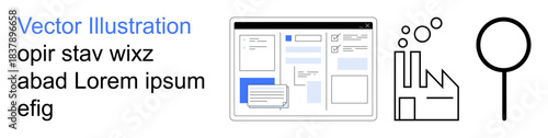 Data visualization, research, manufacturing processes, digital tools, database design, online workflow. Interface with search and manufacturing icons. Data visualization and research concepts