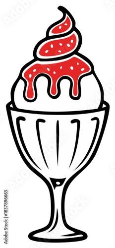 Ice Cream Sundae in a Pedestal Dish with Red Syrup Drizzle Topping Icon