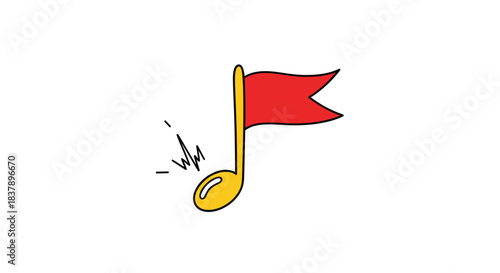 A cute and quirky hand-drawn doodle of a musical note with a red flag on top representing a musical anthem or a catchy jingle icon.