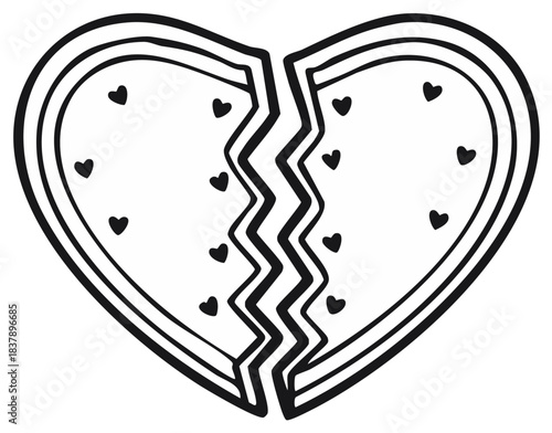 Broken Heart Symbol with Small Hearts Inside, Outline Illustration