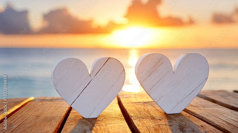 Fototapeta premium Two white wooden heart shapes rest on a weathered plank surface against a vibrant ocean sunset