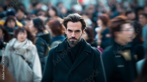 Navigating the Crowd: A man of resolve navigates a sea of people, his intense gaze projecting an unwavering determination amidst the bustling crowd.