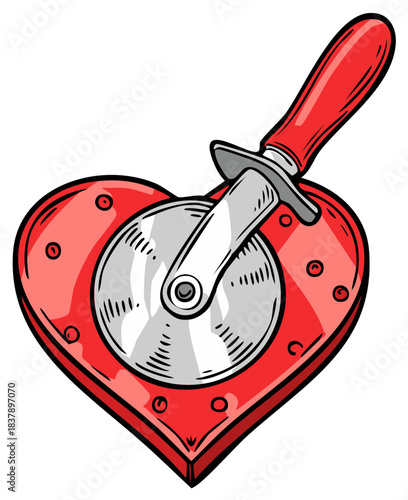 Red Heart Shape with Pizza Cutter Symbolizing Broken Love or Pain