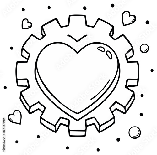Gear with heart and decorative elements isolated on a white background