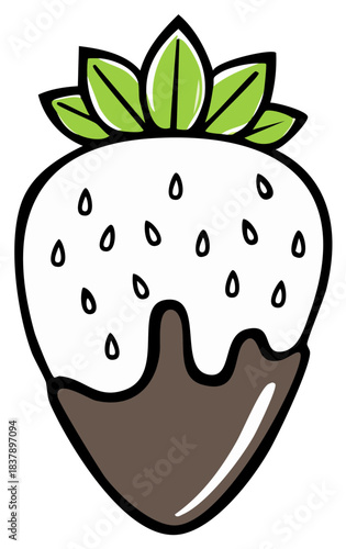 Cartoon strawberry dipped in chocolate with green leaves simple vector illustration